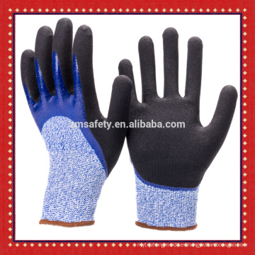 Anti Cut Level 5 HPPE forro de nylon con nitrilo liso azul y negro nitrilo arenoso doble sumergido resistente al aceite guantes de nitrilo